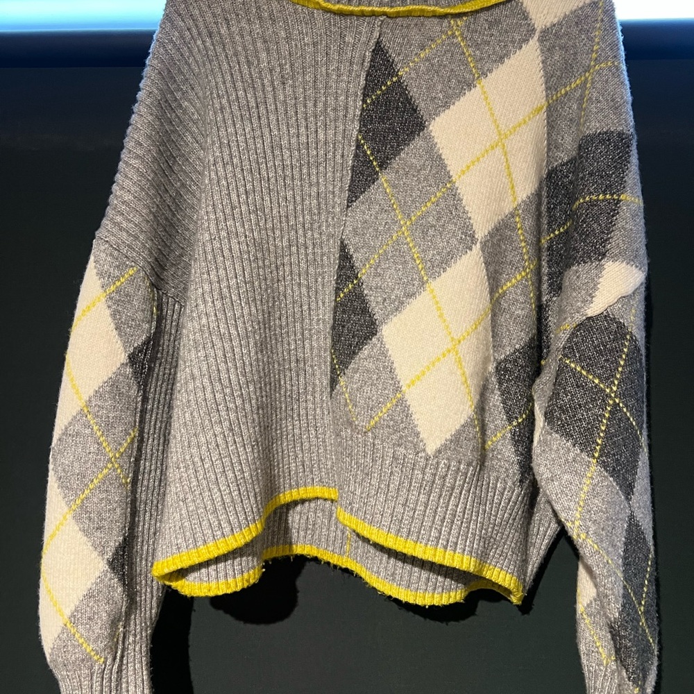 Gray Argyle Crewneck Sweater with Yellow Trim
